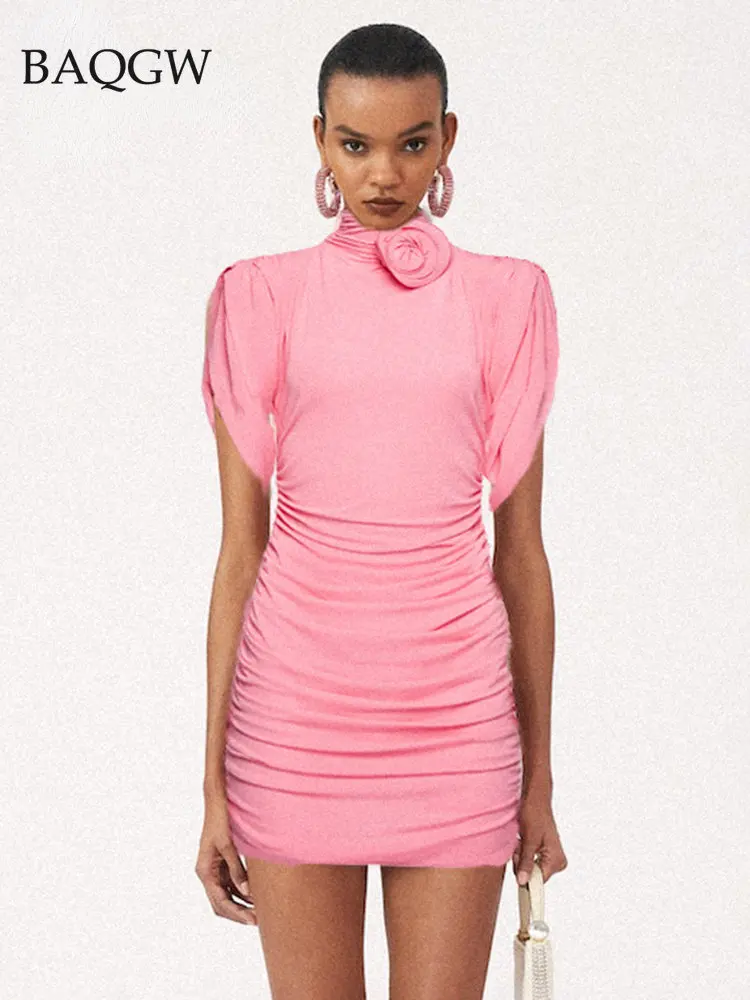 

Женское мини-платье с коротким рукавом, повседневное элегантное розовое платье с драпировкой и объемными цветами, летняя уличная одежда
