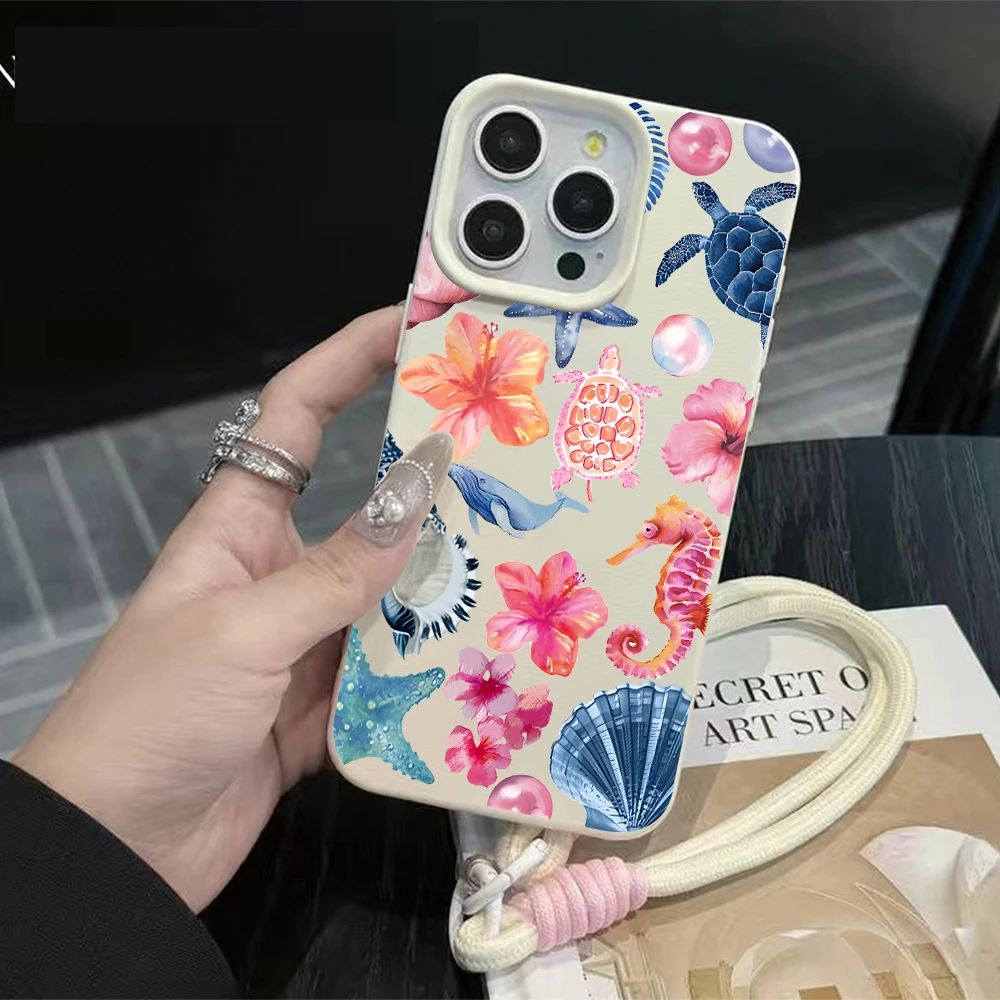 Shockproof Lichee Pattern Phone Chain Lanyard Case with Starfish Coral Jellyfish Design