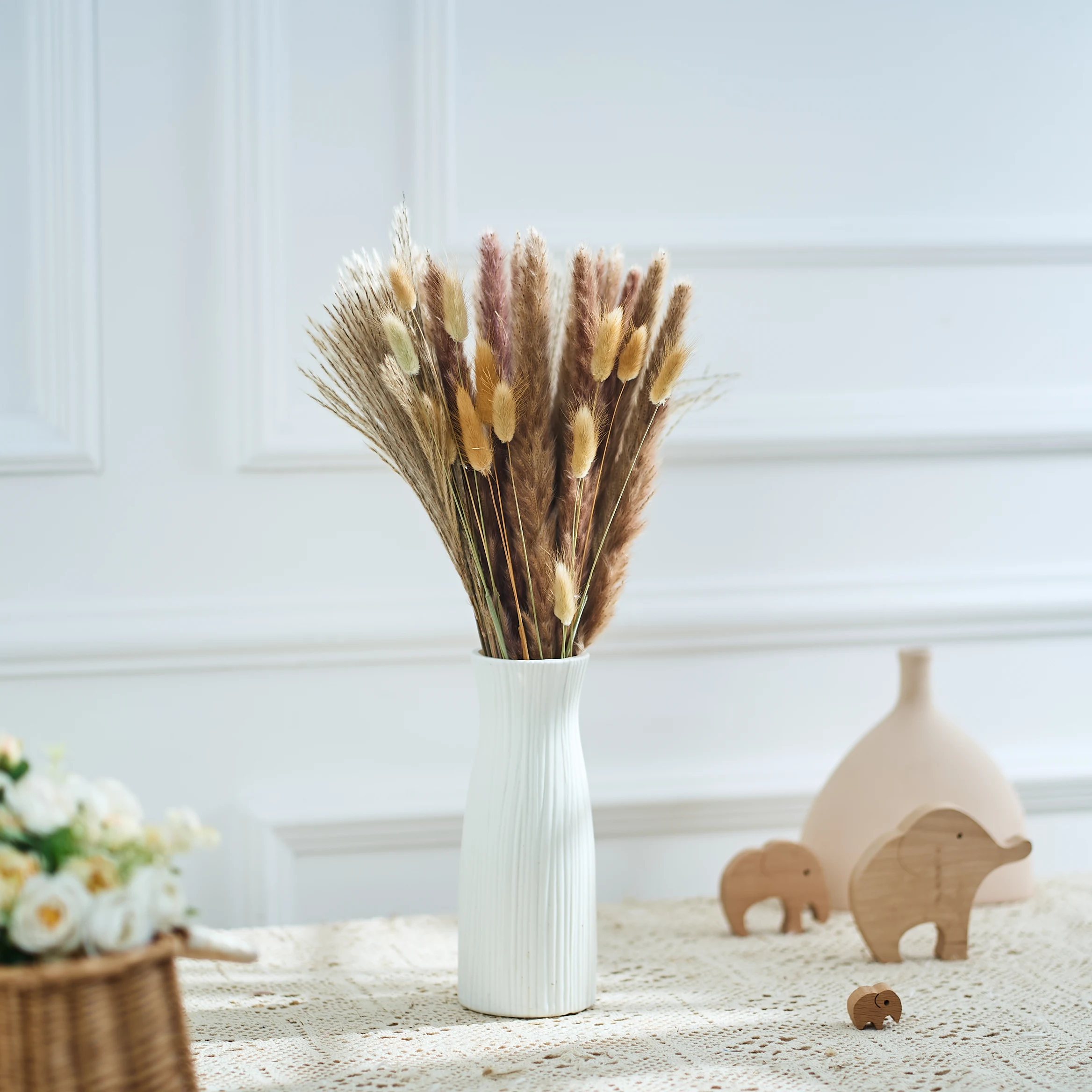 

40PCS Natural Fluffy Pampas Grass Phragmites Rabbit tail Grass Bouquet Boho Style Home Office Flower Arrangement Vase Decoration