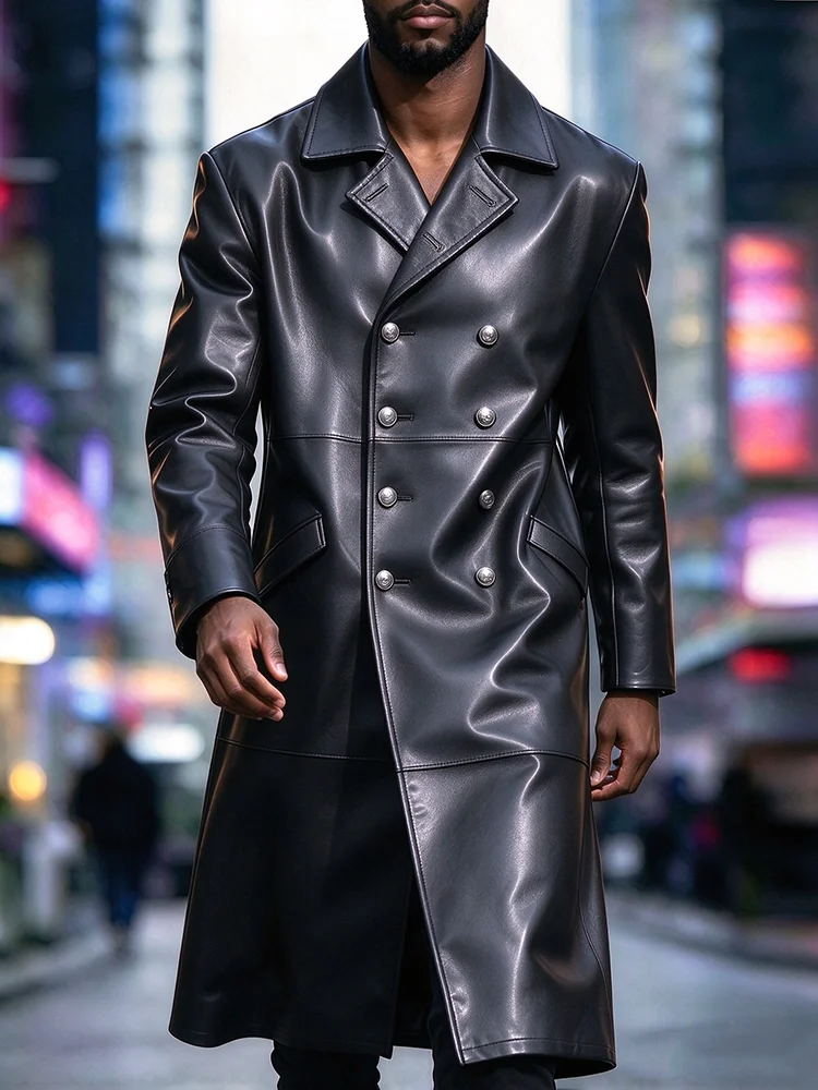Daily Casual Turn-down Collar Coats Mens Fall Shiny Leather Long Sleeve Outerwear Men Vintage Double-breasted Maxi Jacket