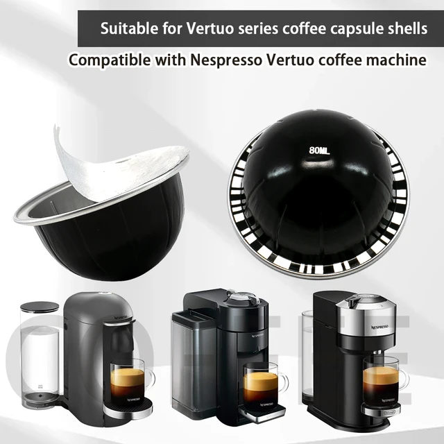 Aluminum coffee capsules that can be used repeatedly, equipped with a sealing foil, suitable for Nespresso Vertuo capsules