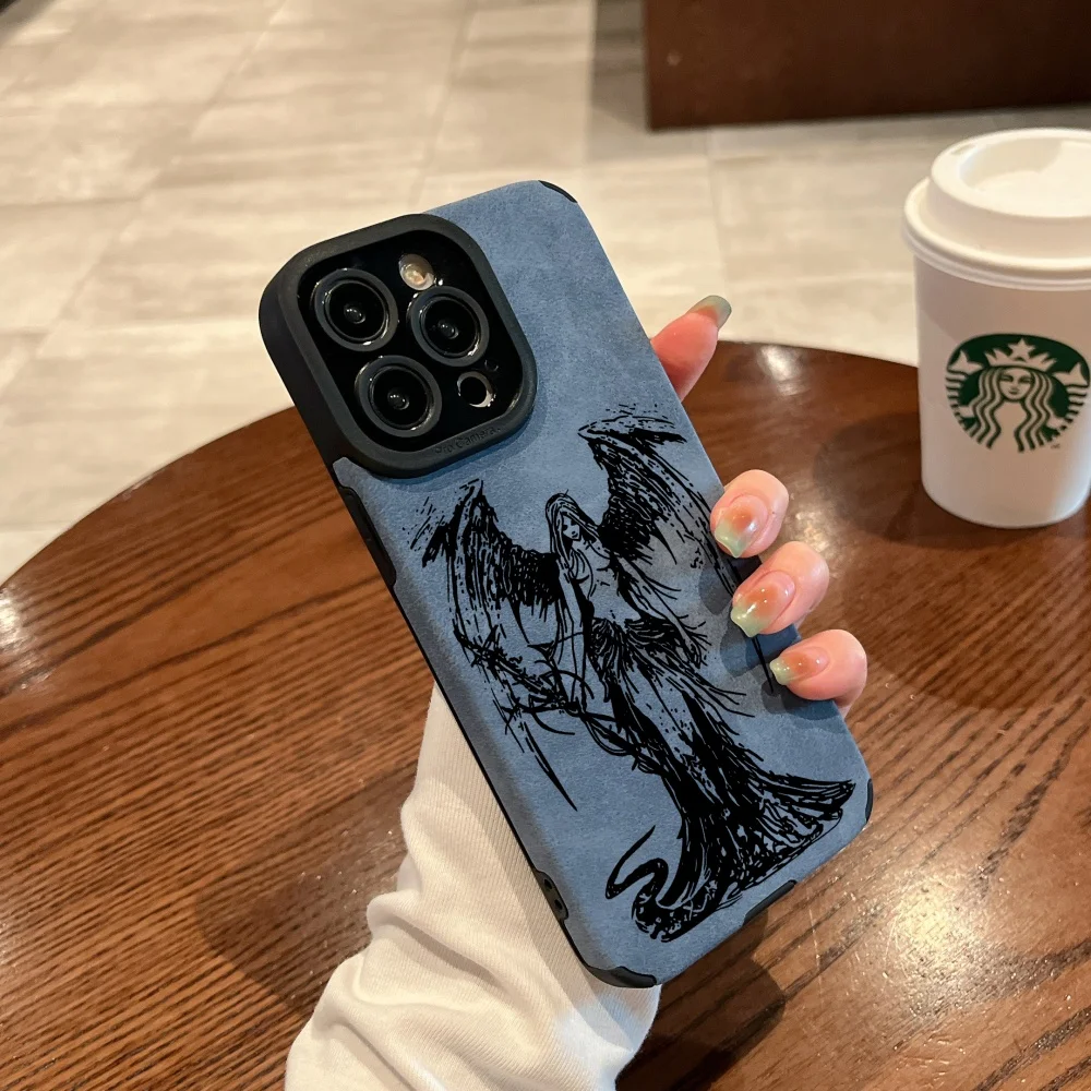 Elegant Black Angel Demon Suede Leather Silicone Phone Case - Luxury Soft Cover