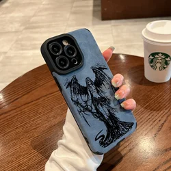 Elegant Black Angel Demon Suede Leather Silicone Phone Case - Luxury Soft Cover - iPhone 13 Pro Max (Blue)