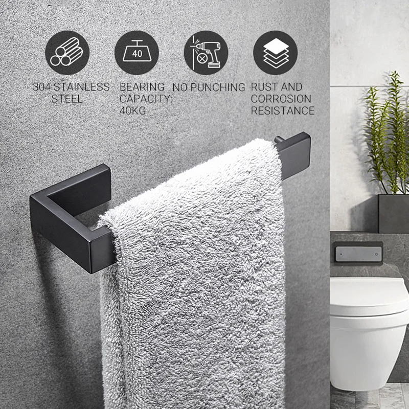 Black Towel Bar Bathroom Accessories Single Towel Rack Holder Black Wall Mounted Roll Paper Holder Storage Shelf FR1051