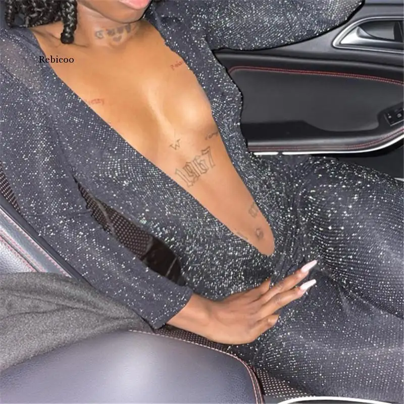 

Fashion Women's Clothing 2022 Black Shiny Silver Sequins Jumpsuit Long Sleeve Deep V Neck Sexy Backlsee Skinny One Piece Romper
