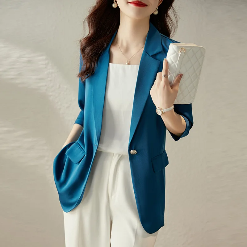 

Blue 3/4 Sleeve Suit Coat for Women 2023 Summer Small Casual Top High-Grade Thin Leisure Suit jacket women