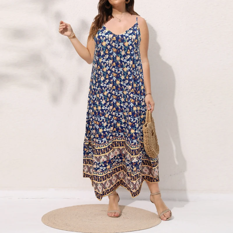 

Finjani Plus Size Women's Applique Boho Print Hem Spring Summer New Cami Dress