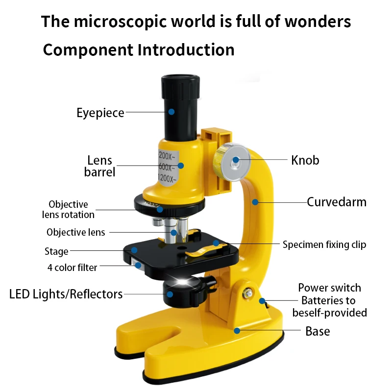 1PC SCIENCE HORSE 어린이 생물학 현미경 200X1200X 고배율 키트 노란색 3 렌즈 4 컬러 필터 휴대 전화