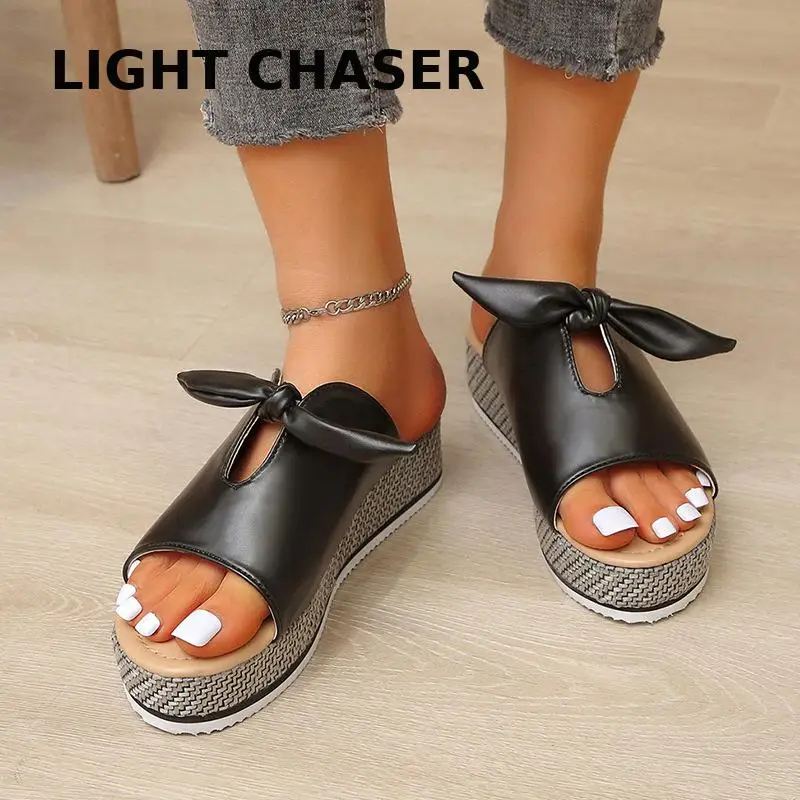 2022 Summer Thick Sole Sandals Women's Bow Beach Women's Shoes Fashion Fish Mouth Flat Casual Women's Sandals And Slippers 43
