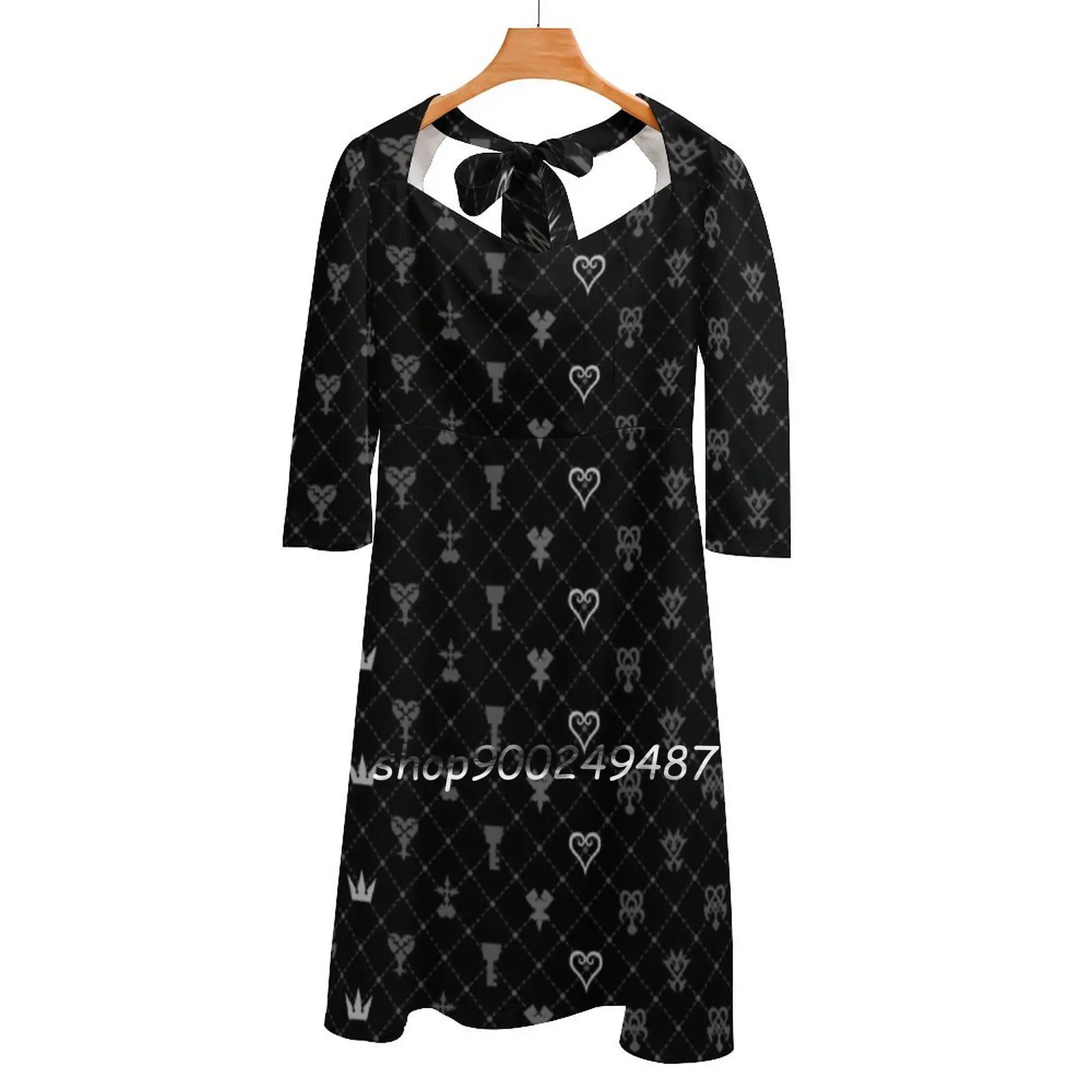 

Kh Pattern Sweet Elegant Dress Women Korean Kawaii Square Collar Dress Kingdom Hearts Heart Heartless Symbol Nerd Games