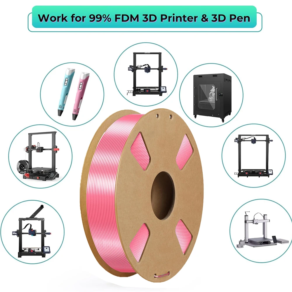 실크 PLA+ 1.75mm 필라멘트, 크롬 광택 부드러운 질감, 안정적인 출력, 200g/250g/500g/1000g 스풀, 핑크