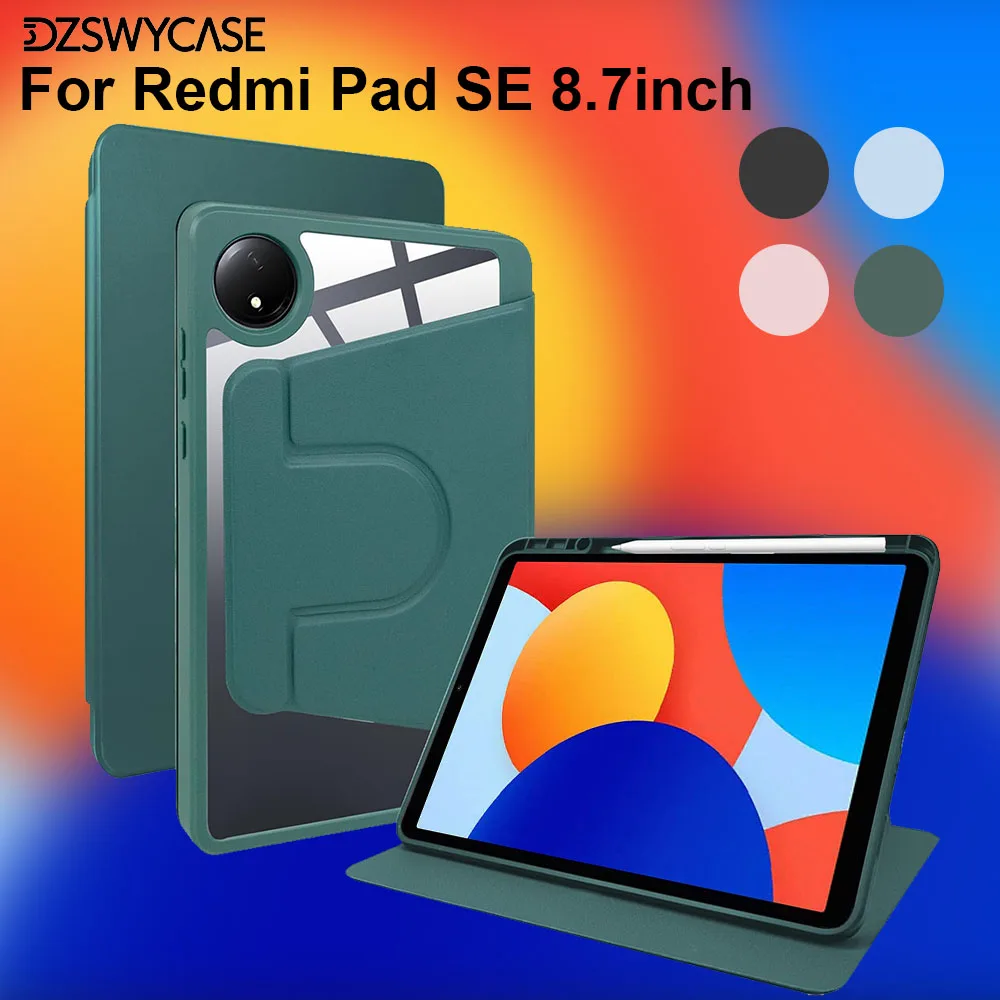 Enhanced Tablet Case with Pencil Holder, 360° Rotating Stand, Transparent Acrylic Cover, Auto Wake/Sleep Function