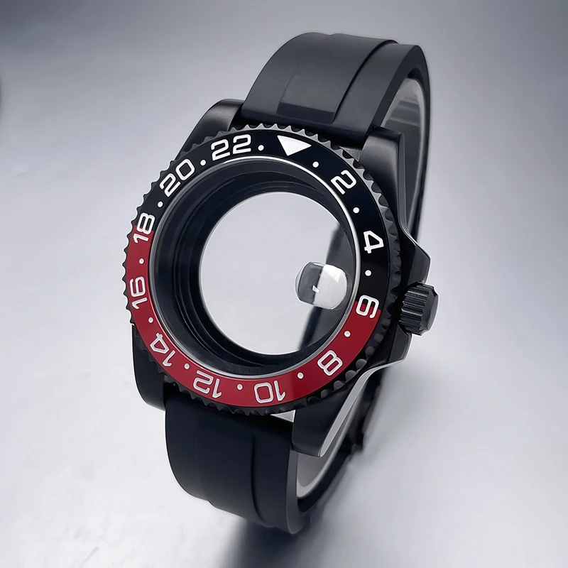 All-Black Sub Style Watch Case with Rubber Strap and Sapphire Crystal