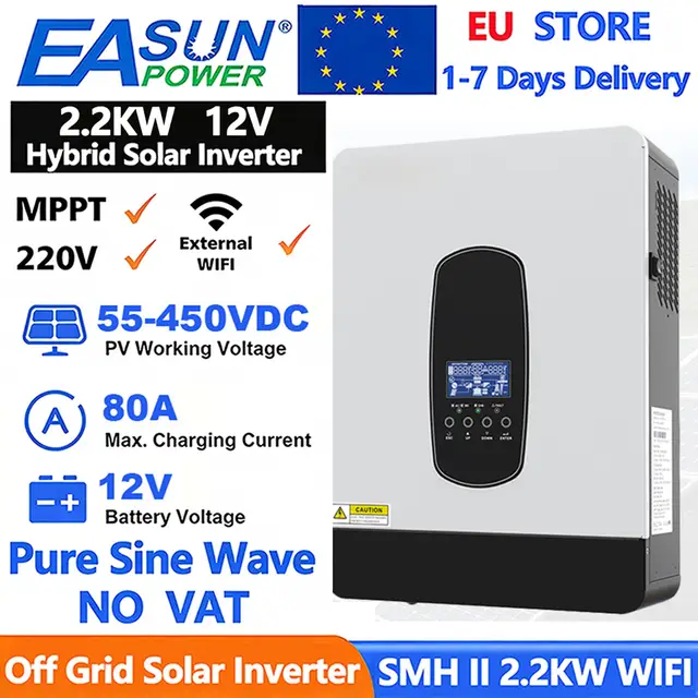 EASUN POWER Onduleur Solaire Hybride 2.2KW 12V 230V avec Contrôleur de Charge Solaire MPPT 80A, Entrée PV 450V, Onduleur à Onde Sinusoïdale Pure, Stock UE 1
