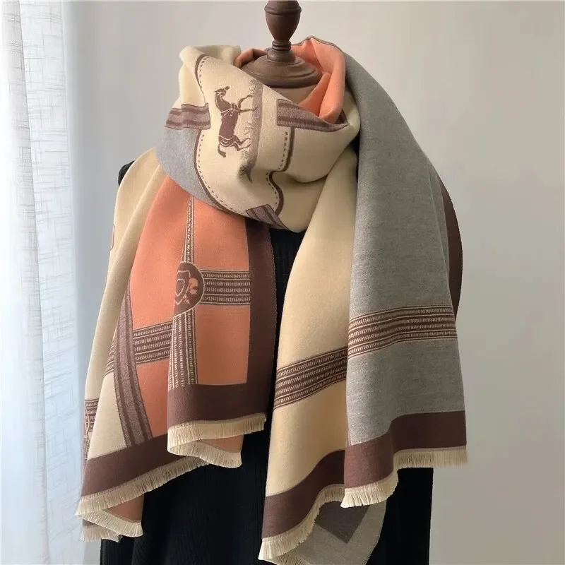 2024 Thick Women Winter Scarf Luxury Horse Print Cashmere Poncho Shawl Travel Wraps Pashmin Blanket Casual Bufanda Echarpe Hijap
