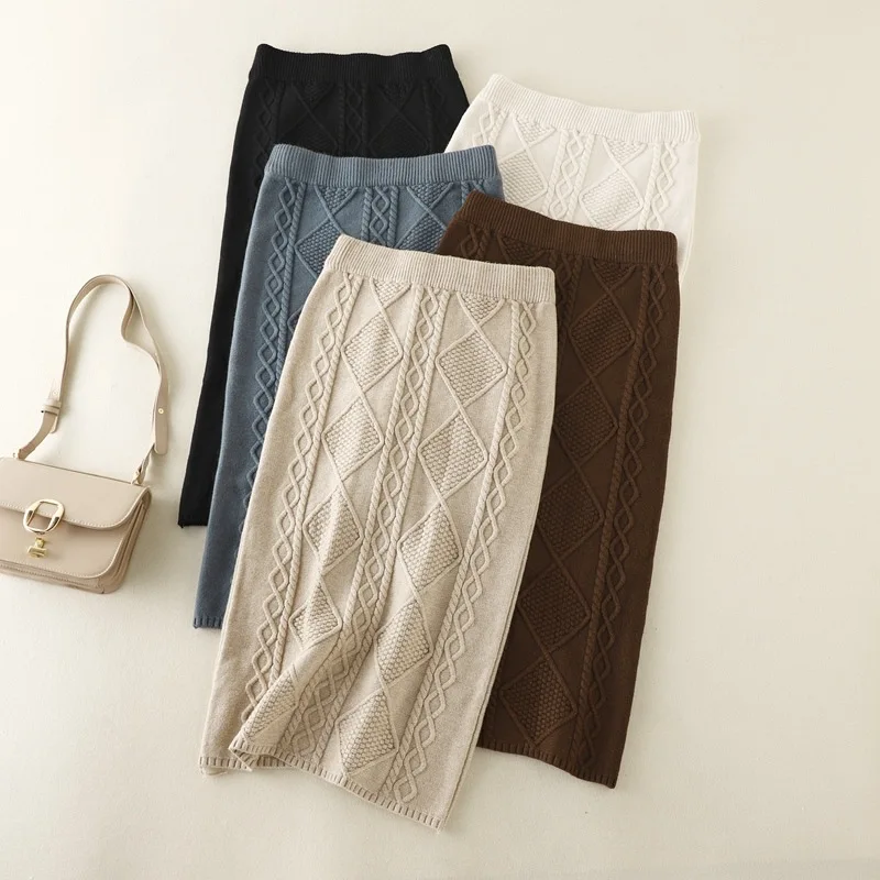 

Women Solid Knit Skirt Spring Autumn Office Lady All-match Slim Streetwear Fashion Koreon Elastic High Waist Casual Split Skirt