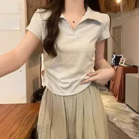 Women's Sweet Spicy Cropped Polo T-Shirt Summer Fitted Waist Ruffled Short Sleeve Top Trend V Neck Tees Casual Wear Slim Fit - Image 4