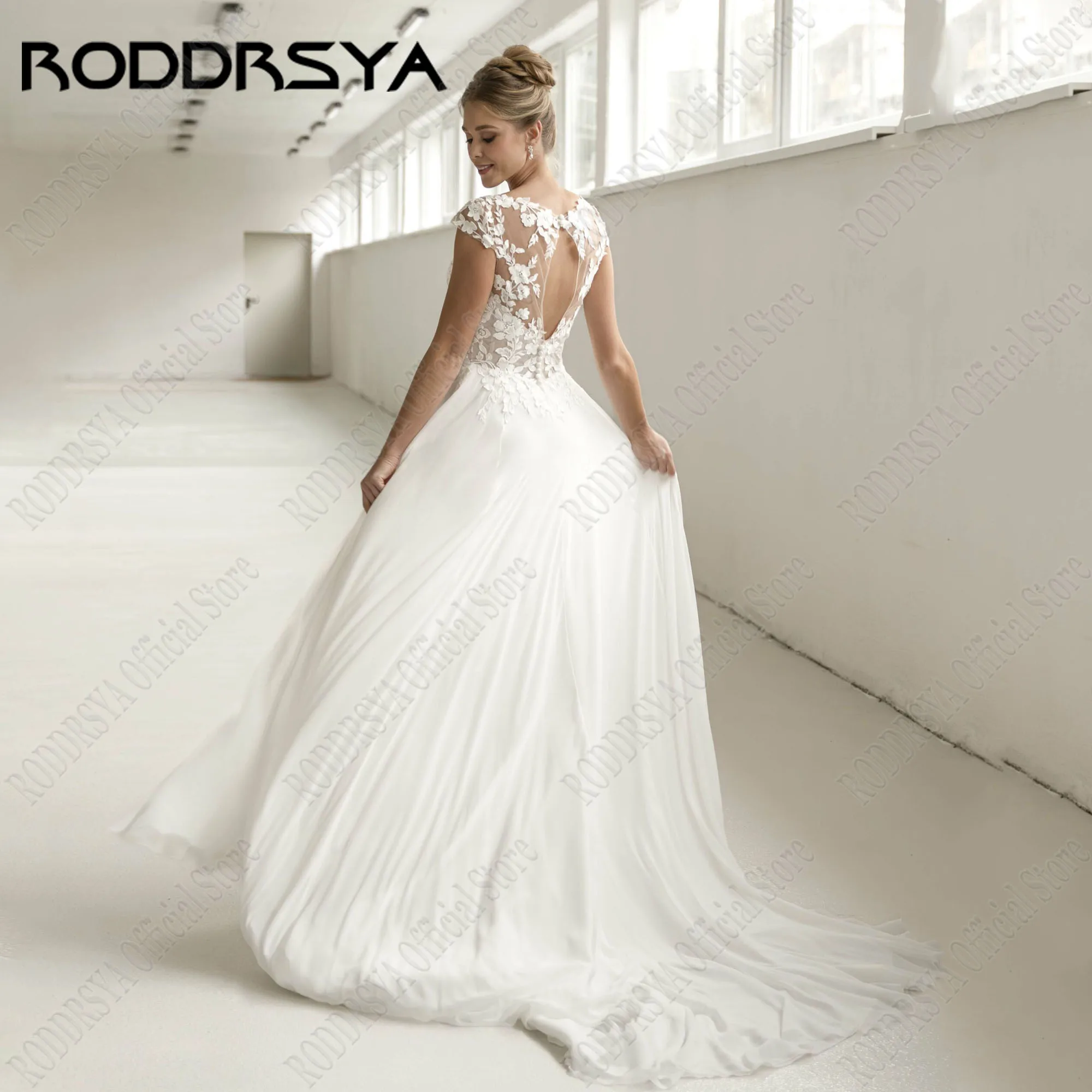 RODDRSYA Chiffon A-Line Wedding Gowns Cap Sleeves V-Neck Backless Civil Vestidos De Novia Side Split Sweep Train Applique 5