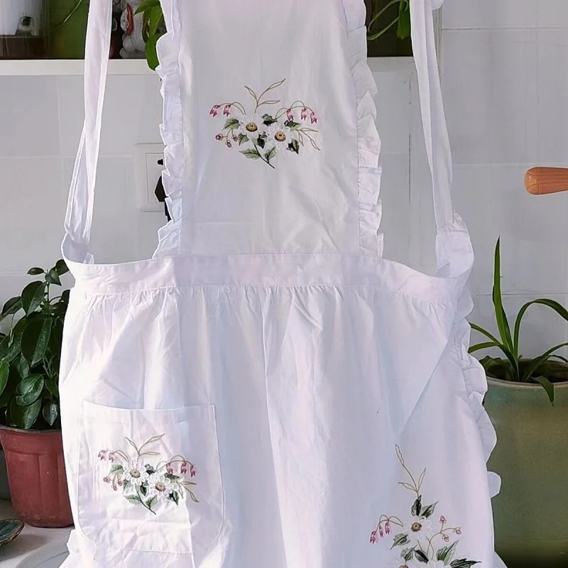Princess Ruffles grembiule pastorale retrò grembiule da cucina ricamato in cotone bianco per donna abo Flower Shop bavaglino da parrucchiere  15