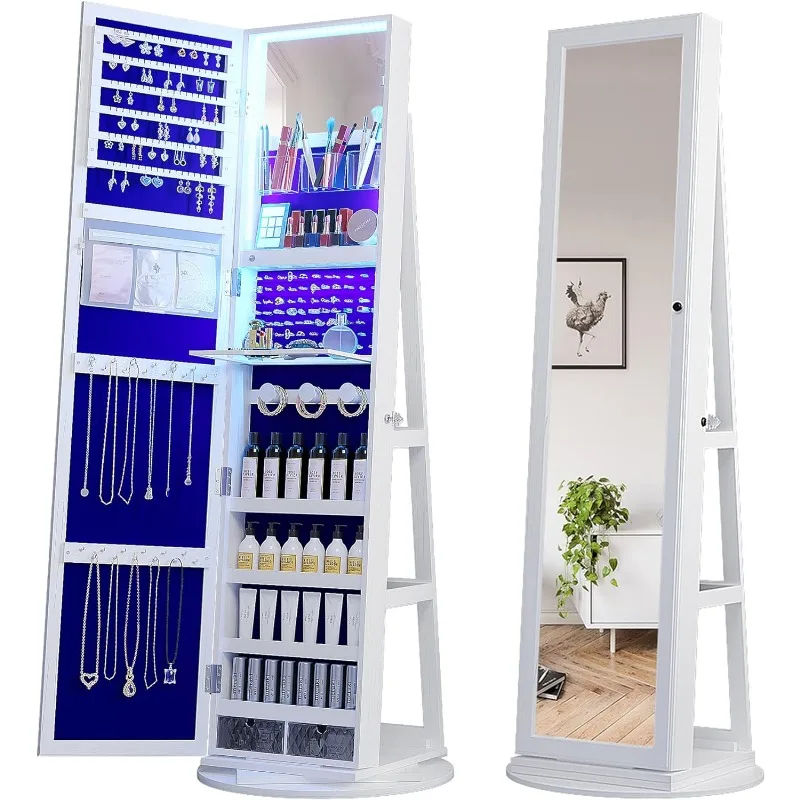 

360° Rotating LED Jewelry Armoire with Lockable,Full Length Mirror Large Capacity 3 Color Dimmable Jewelry Organizer Armoire