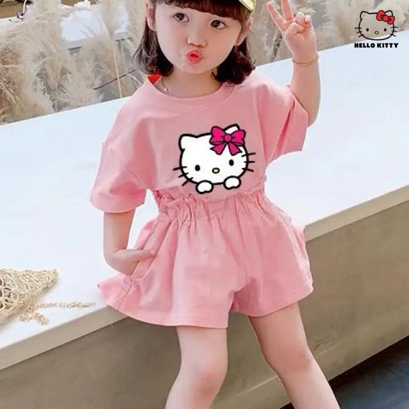 

Кавайный Детский костюм Sanrio из аниме «Hello Kitty My Melody», модный костюм с коротким рукавом Y2K, летний костюм из двух предметов