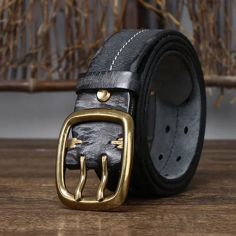 3.8cm Pure Cowskin Genuine Leather Belt Men Brass Copper
