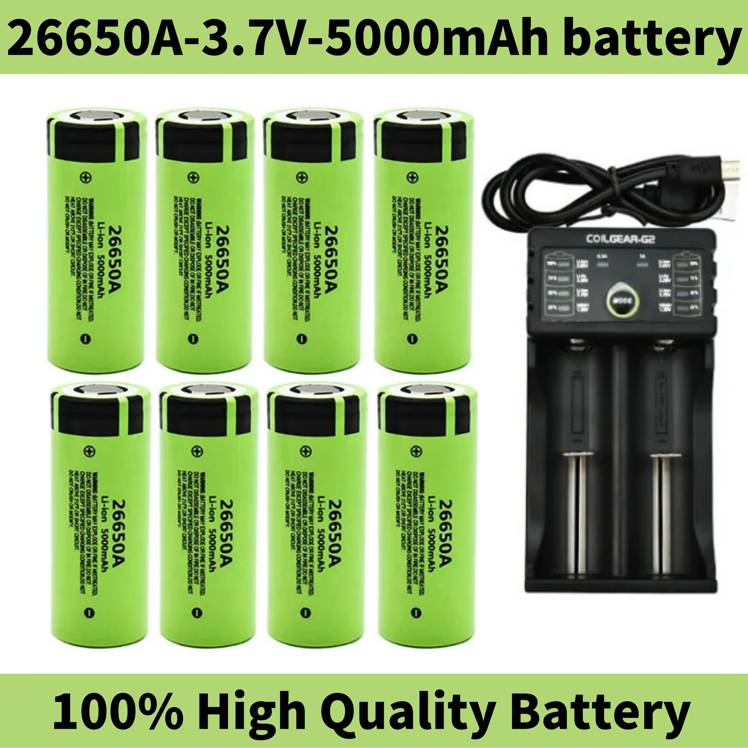 

100% brand new original high-quality 26650 5000mAh 3.7V 50A lithium-ion rechargeable battery 26650A LED flashlight+charger
