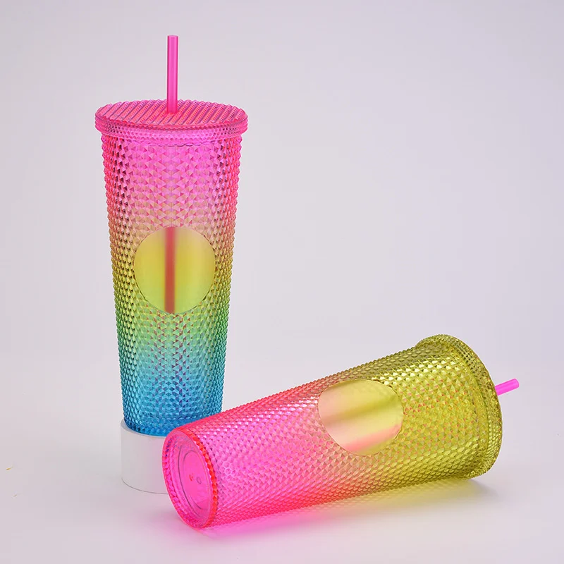 24Oz Matte Glow Inlaid Cup Plastic Coffee Cups With Straw Lids Double Wall Gradient Durian Cup Large Capacity Drinking Cup