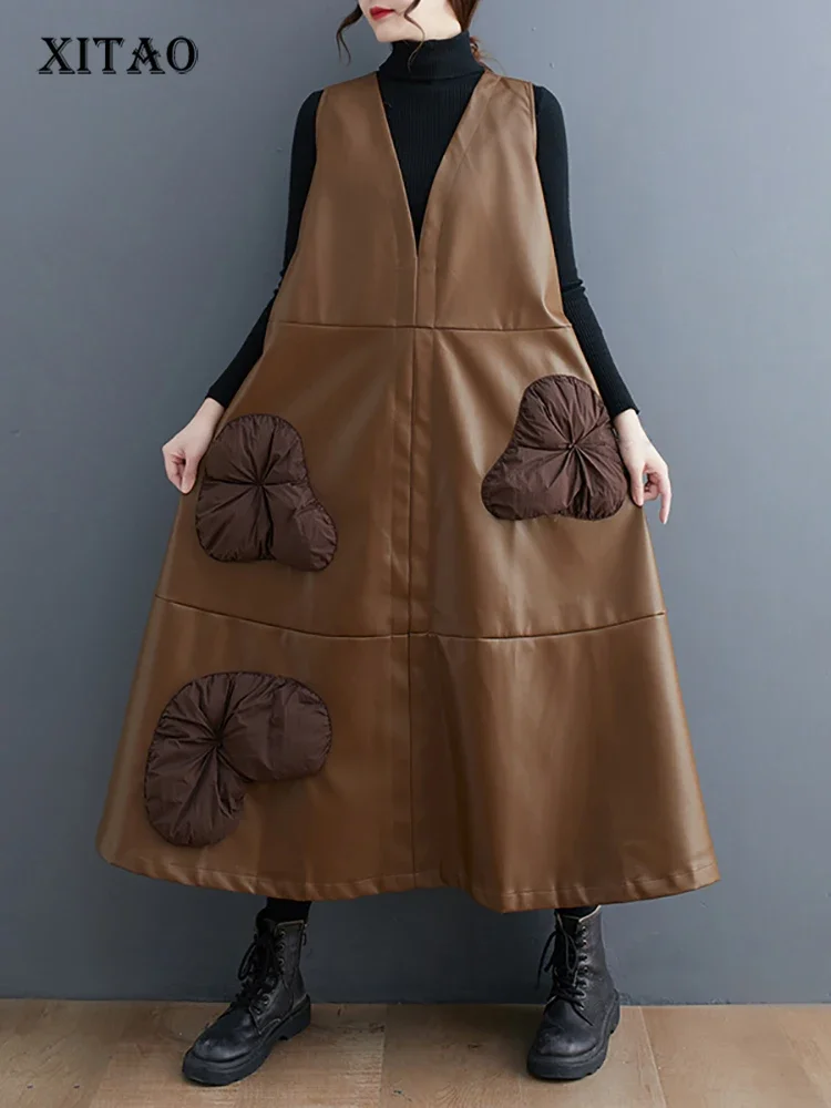 

XITAO Three-dimensional Decoration V-neck Dress Solid Color Patchwork Pullover Sleeveless Loose 2024 Spring New Casual Dmj2310