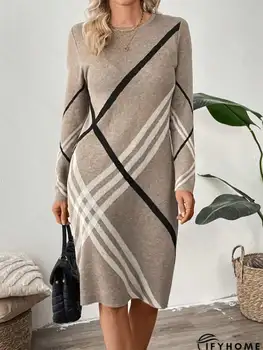 Plus Size Women Striped Knit Midi Dress Crew Neck Long Sleeve Bodycon Casual Loungewear Autumn Winter