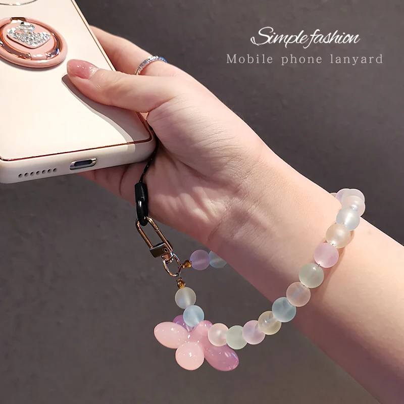 Mobile Phone Lanyard Short Hand-beaded Frosted Flower Bead Pendant Wrist Pendant Hand-held Chain Colorful Ball Anti-lost Sling