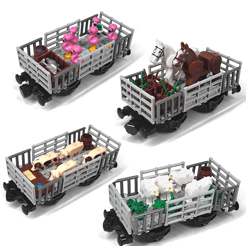 Фото Конструктор MOC детский для сборки, поезда, каретки, корова, овечка, свинья, лошади, игрушка «сделай сам» №1