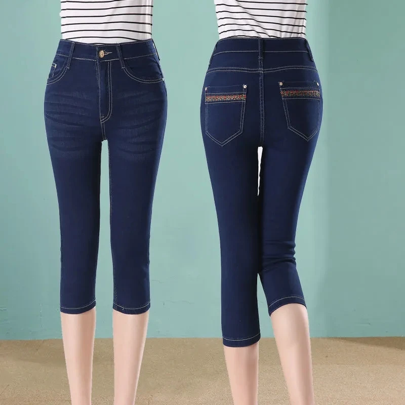 Korean Fashion Capri Blue Denim Pants Women Summer 2023 Vintage High Waist Jeggings Jeans Short Pencil Pants Breeches Leggings