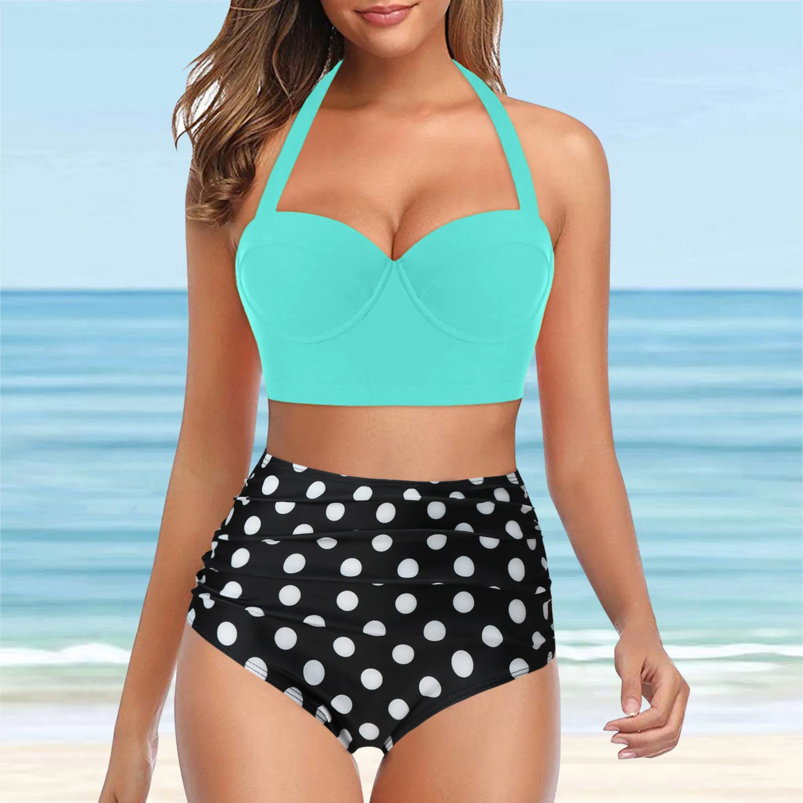 

Women's Hanging Neck Bandage High Waisted Vintage Printed Split Bikini Swimsuits Tops And Shorts Swimwear Two Piece Suits