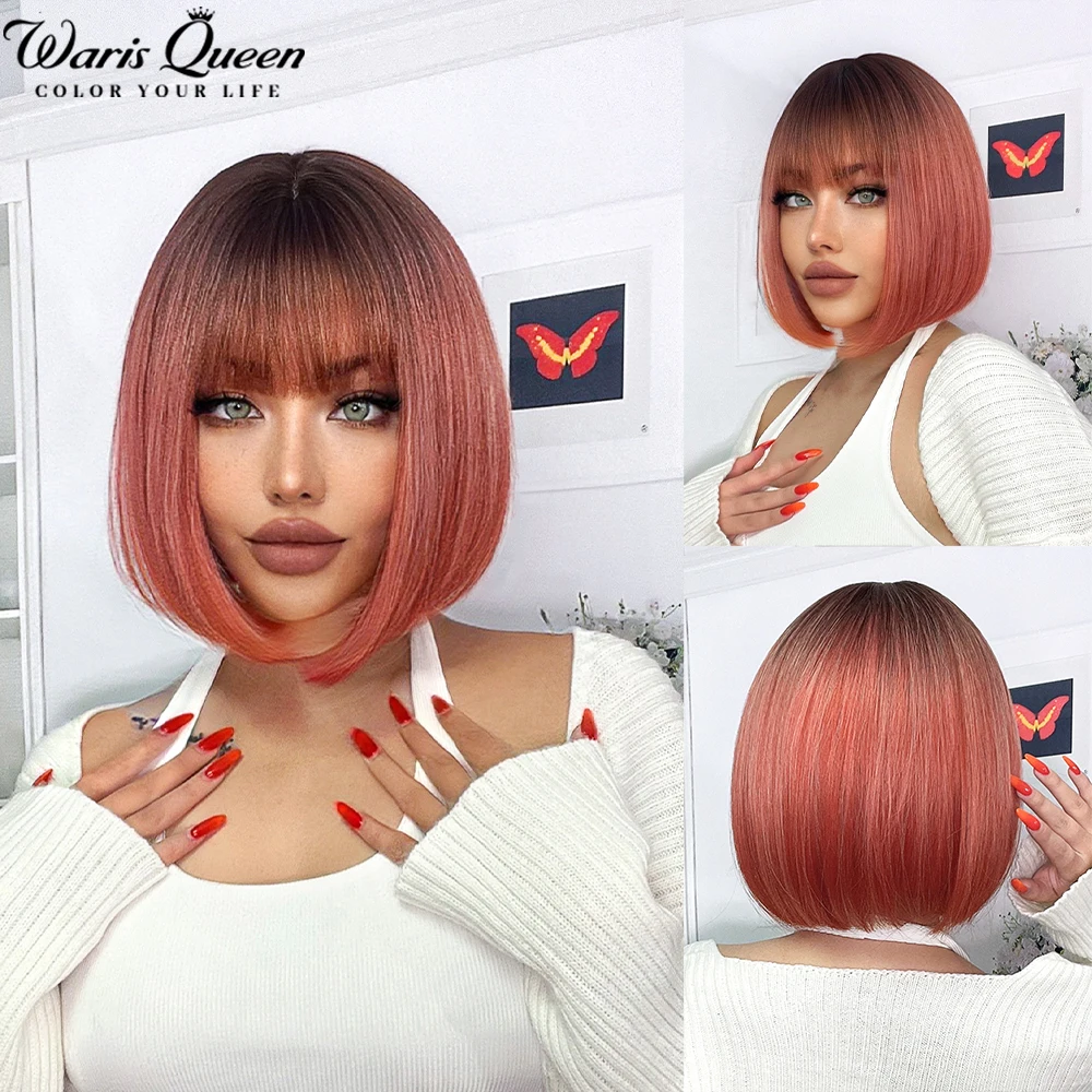 

Ombre Pink Short Bob Wig Synthetic Wig For Women With Bangs Lolita Cosplay Party Natural Hair Heat Resistant Fiber Wigs