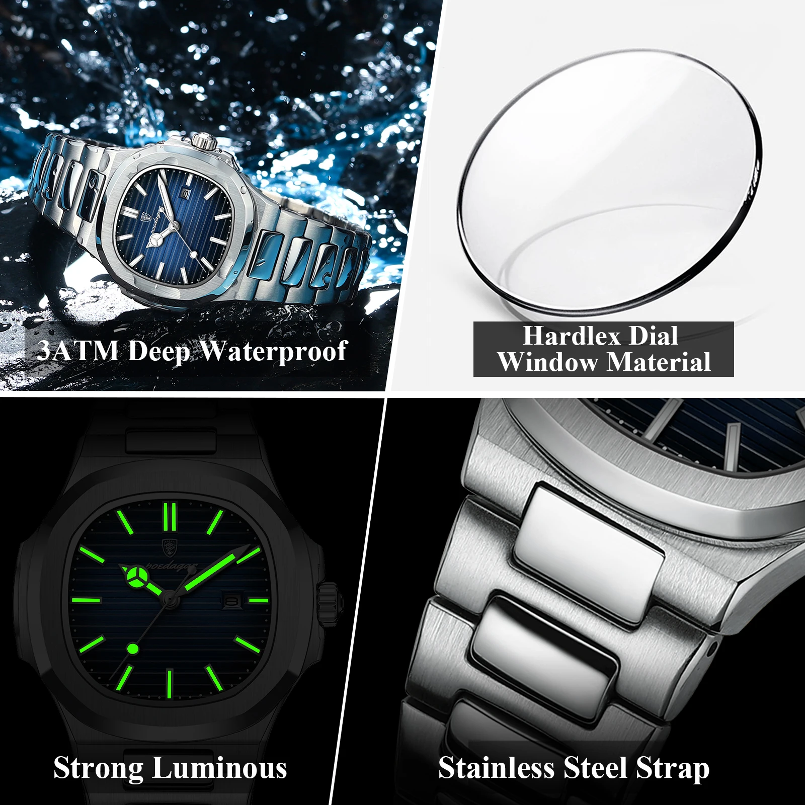 Womens Watch Waterproof Luminous Calendar Square Stainless Steel Quartz