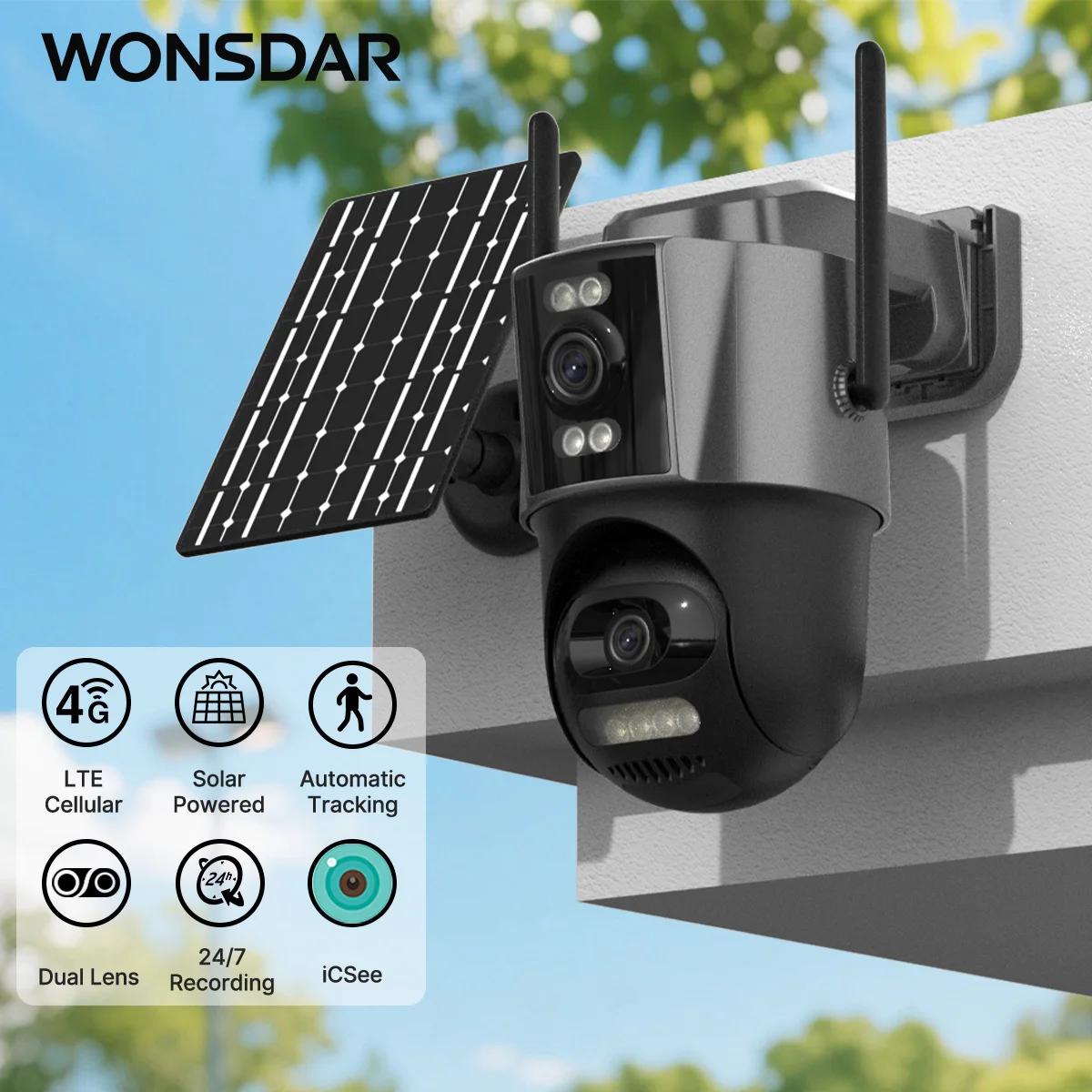 WONSDAR 4G SIM caméra solaire 24/7 enregistrement extérieur trois écrans caméra PTZ suivi automatique étanche batterie Surveillance iCSee 1 WONSDAR 4G SIM caméra solaire 24/7 enregistrement extérieur trois écrans caméra PTZ suivi automatique étanche batterie Surveillance iCSee 1