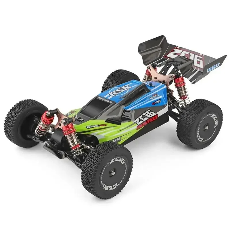 Détail de la télécommande 2.4GHz et de la voiture RC 4x4 1/16 tout terrain, prête à l'emploi.