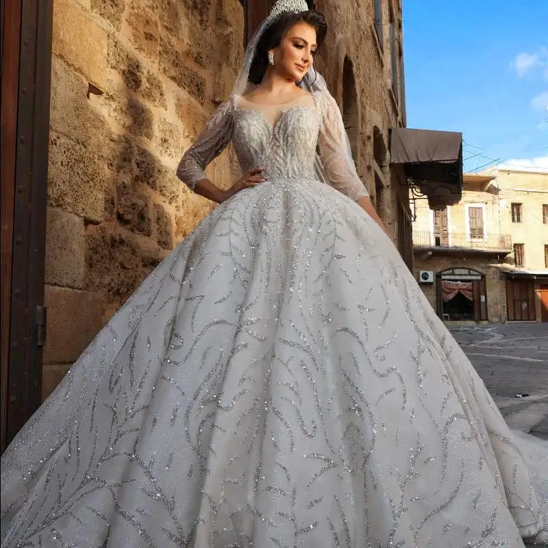 

Modern Ball Gown Wedding Dresses Long Sleeve Sequined Beading Bridal Gowns Saudi Arabia Court Tarin Robes De Mariée