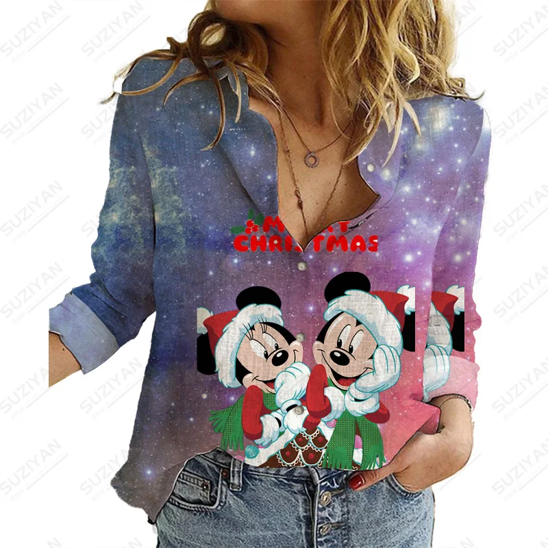 

Disney ChristmasAutumn Elegant Print Shirts Women'S Fashion Lapel Collar Button Loose Women Shirts Casual Long Sleeve Tops