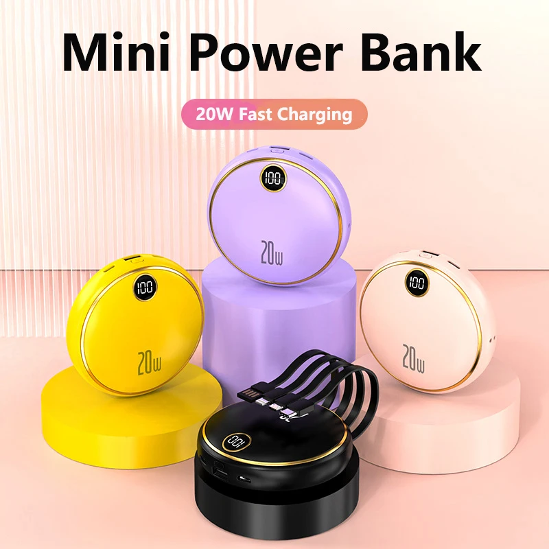 

Mini Power Bank 20000mAh Built in Cable Portable Charger for iPhone 15 14 Samsung S23 Huawei Xiaomi 20W Fast Charging Powerbank