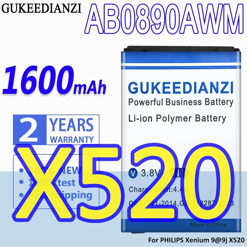 

High Capacity GUKEEDIANZI Battery AB0890AWM 1600mAh For PHILIPS Xenium 9@9j X520 AB0890EWM DWM AWM Replacement Batteries