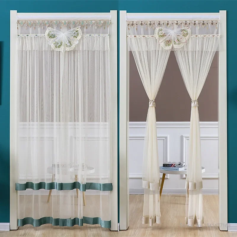 Punch-free Mosquito Screen Curtain Door Curtain, Breathable Bedroom Partition Curtain Double Layer Lace Embroidered Door Curtain