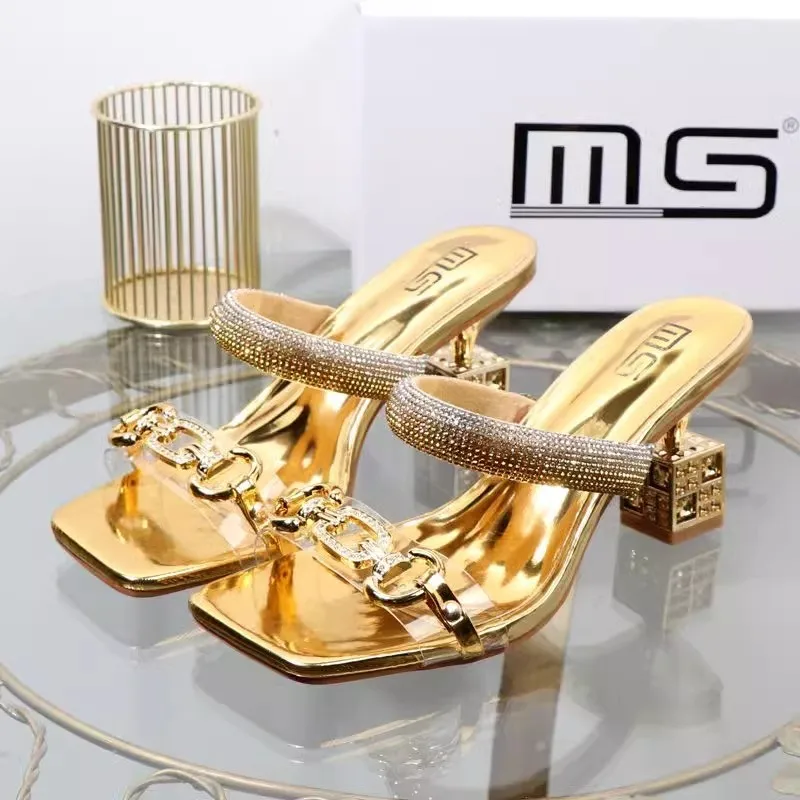 Womens Open Toes Middle Heel Anti Slip Rhinestones Chain Buckle Summer Outdoor PU Slippers women slippers