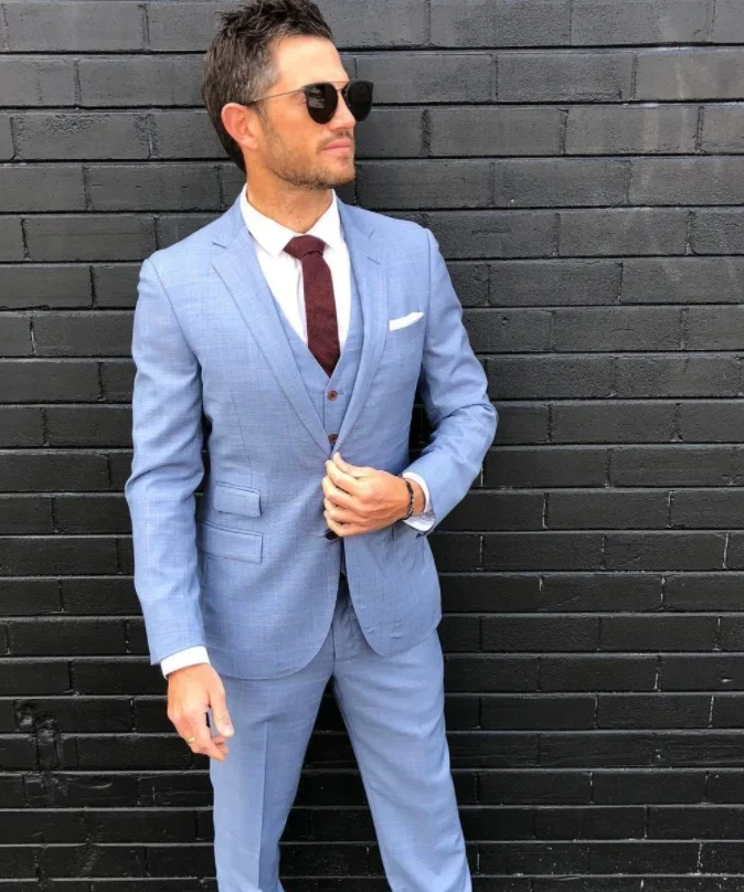 Summer Linen Sky Blue Smart Casual Men Suit  Business Slim Fit Blazer High Quality Groom Tuxedo Custom 3 Piece Set Costume Homme