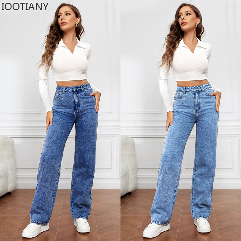 IOOTIANY New Europe And The United States New Loose Casual Trousers Fashion With Straight Jeans High-waisted Washed Ladies Jeans