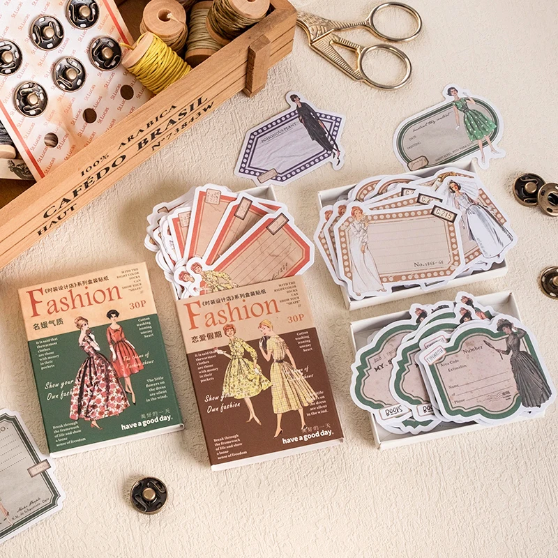 

Yoofun 30pcs/pack Vintage Fashion Show Frame Stickers Retro Dress Label Album Journal Scrapbooking DIY Accessories