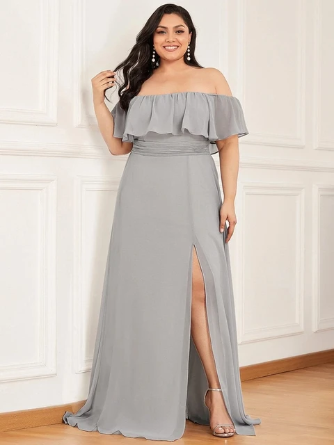 Plus Size Evening Dresses Off The Shoulder Bridesmaid 2022 Ever Pretty fo Long Lace Sleeve Elegant Prom Dress for Women EP00968 Grey