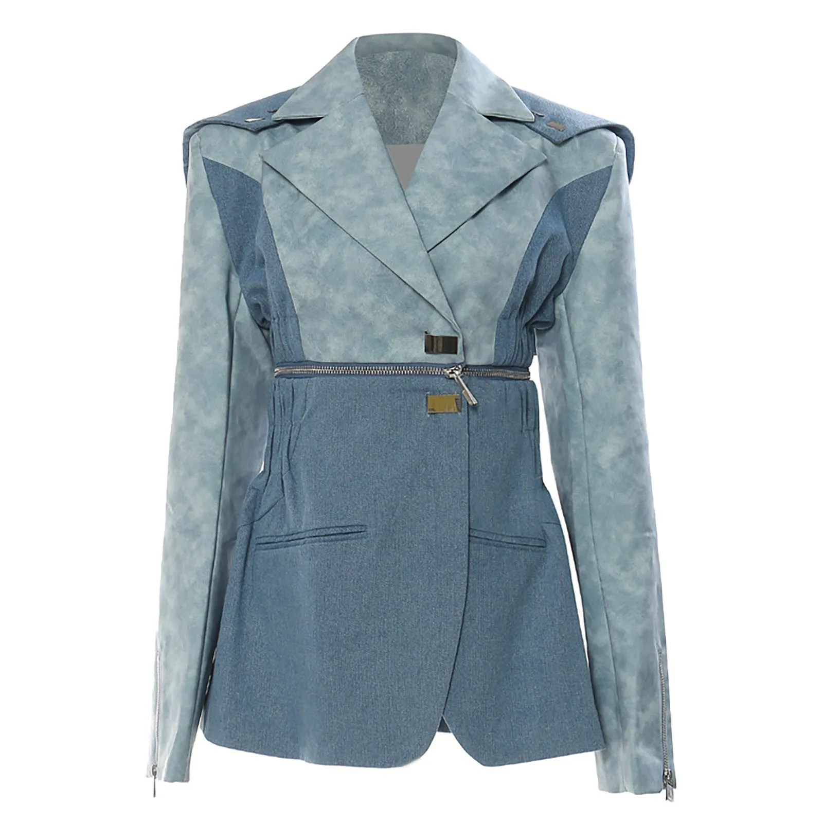 

2024 Special Design High Quality Ladies Leisure Suit Denim And Leather Stitching Contrasting Color Mid Length Suit Jacket