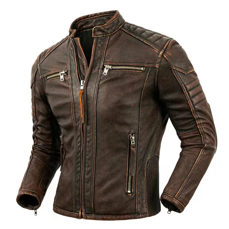 Cowhide Genuine Leather Jacket Men's Fashion Retro Old Collar Biker Jacket Spring And Autumn